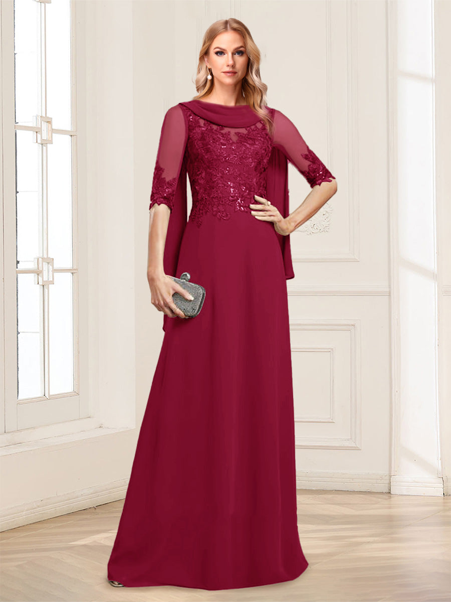 A-Line/Princess Scoop Half Sleeves Floor-Length Mother of the Bride Dresses with Lace&amp;Ruched