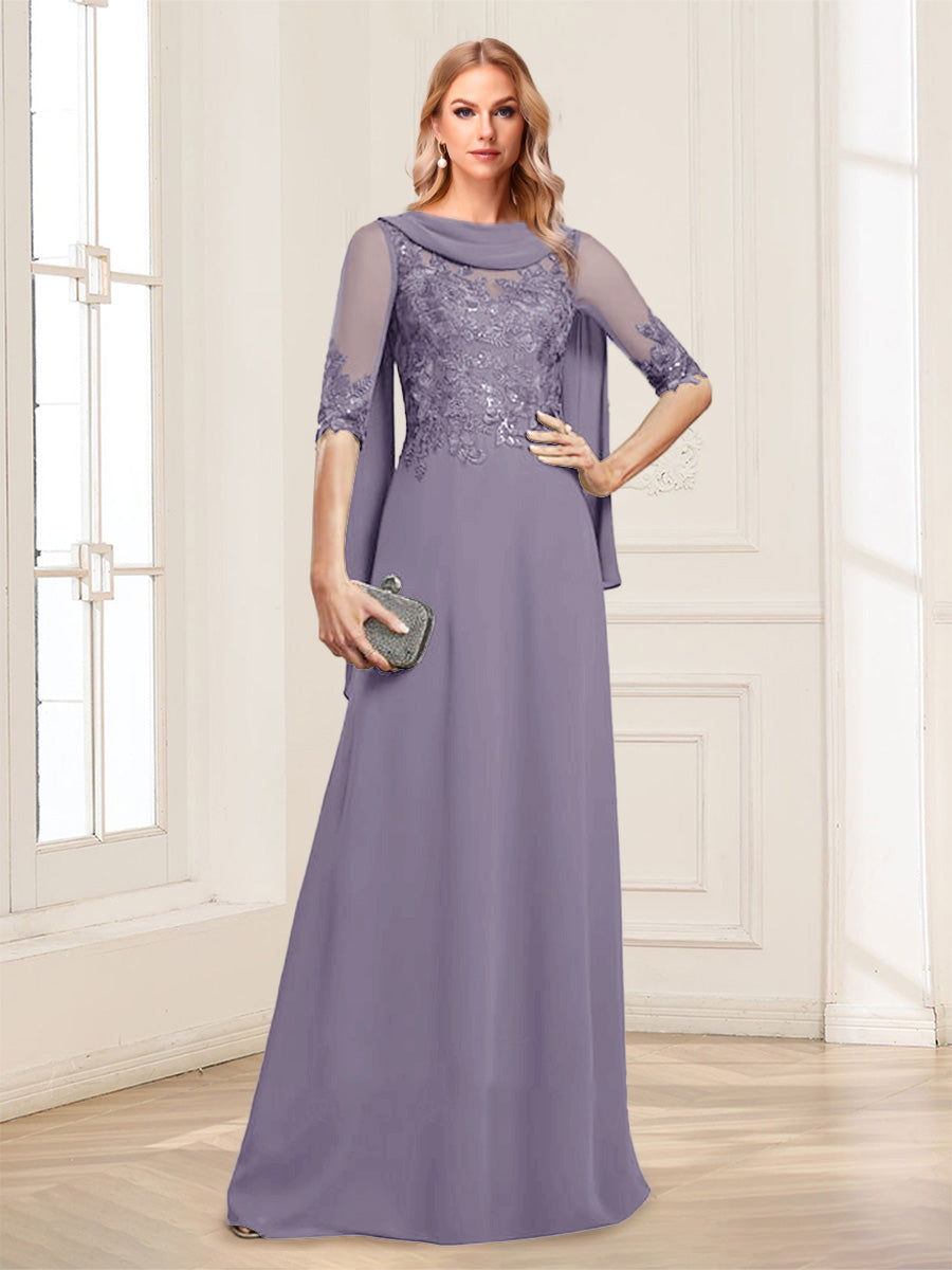 A-Line/Princess Scoop Half Sleeves Floor-Length Mother of the Bride Dresses with Lace&amp;Ruched