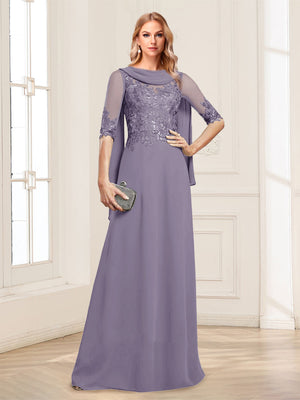 A-Line/Princess Scoop Half Sleeves Floor-Length Mother of the Bride Dresses with Lace&Ruched