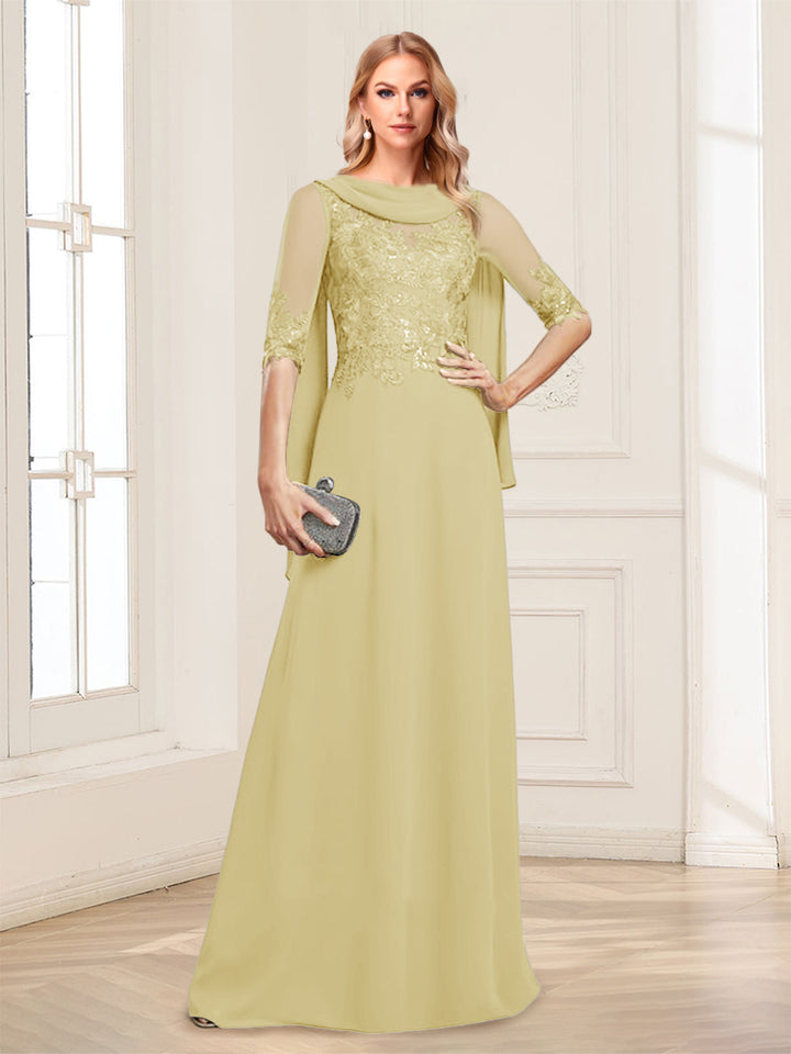 A-Line/Princess Scoop Half Sleeves Floor-Length Mother of the Bride Dresses with Lace&amp;Ruched
