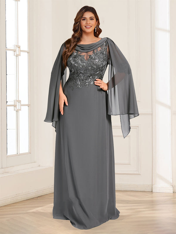 A-Line/Princess Scoop Half Sleeves Floor-Length Plus Size Mother of the Bride Dresses with Lace & Ruched