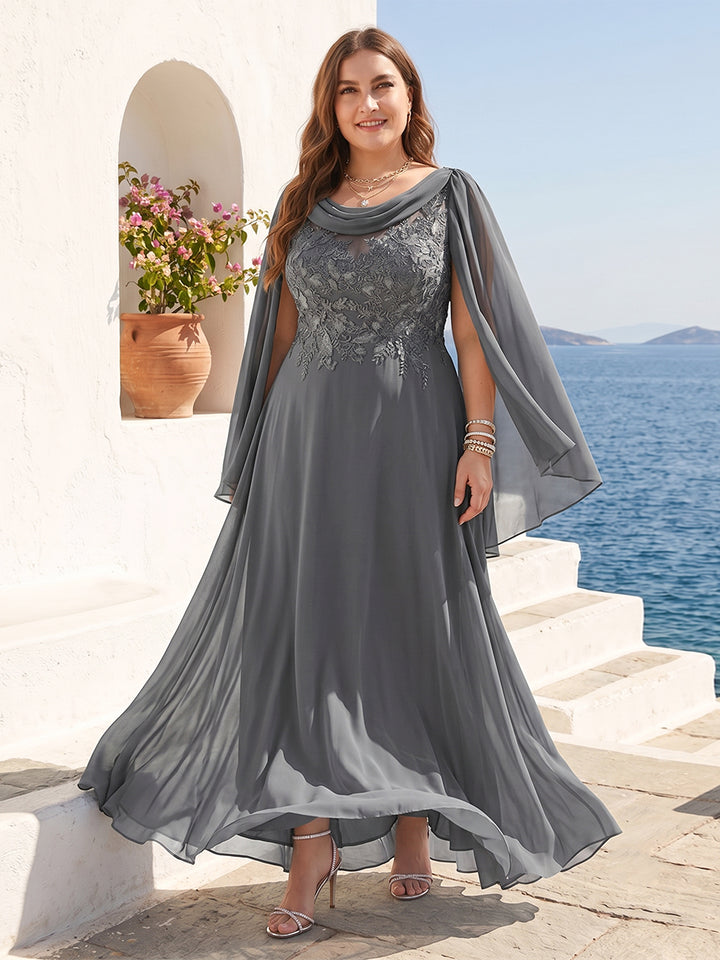 A-Line/Princess Scoop Half Sleeves Floor-Length Plus Size Mother of the Bride Dresses with Lace &amp; Ruched