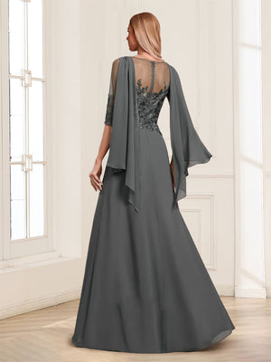 A-Line/Princess Scoop Half Sleeves Floor-Length Plus Size Mother of the Bride Dresses with Lace & Ruched