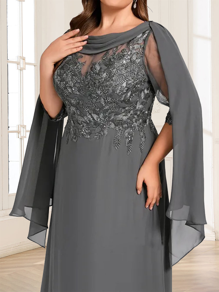 A-Line/Princess Scoop Half Sleeves Floor-Length Plus Size Mother of the Bride Dresses with Lace &amp; Ruched