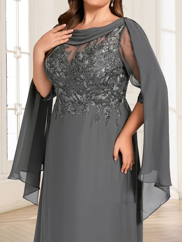 A-Line/Princess Scoop Half Sleeves Floor-Length Plus Size Mother of the Bride Dresses with Lace &amp; Ruched