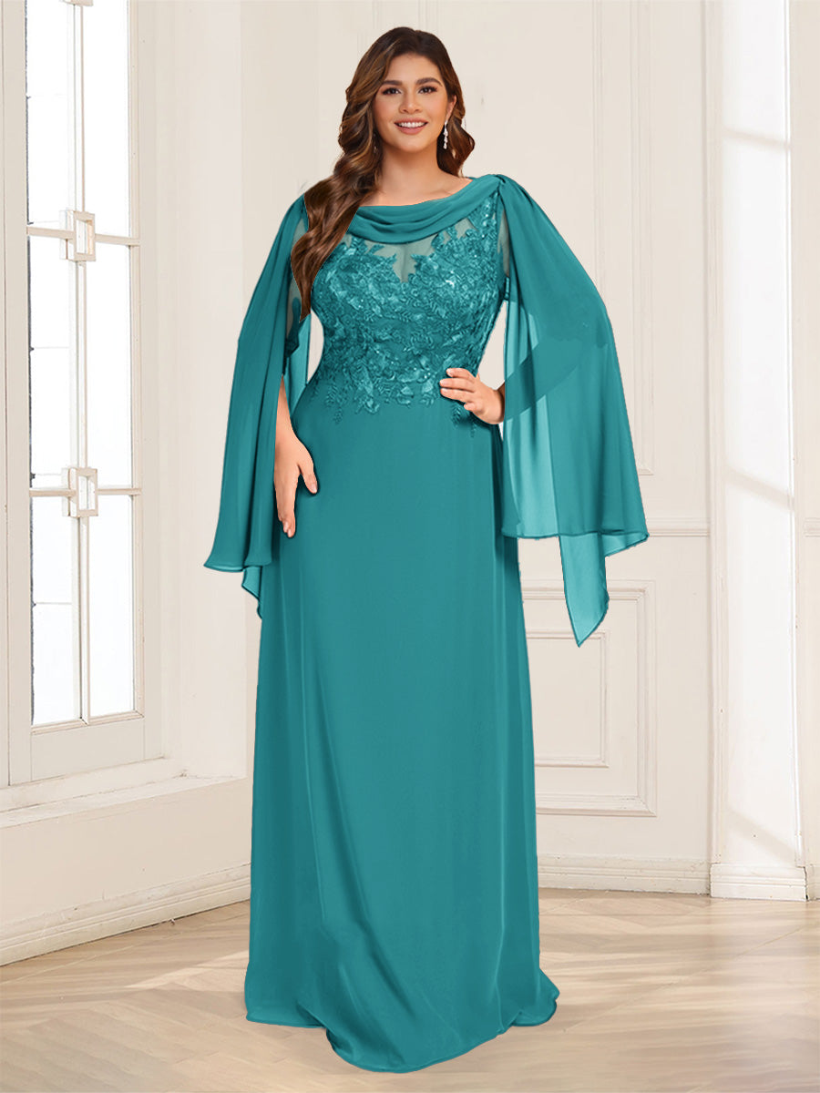 A-Line/Princess Scoop Half Sleeves Floor-Length Plus Size Mother of the Bride Dresses with Lace &amp; Ruched