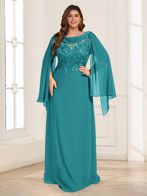A-Line/Princess Scoop Half Sleeves Floor-Length Plus Size Mother of the Bride Dresses with Lace & Ruched