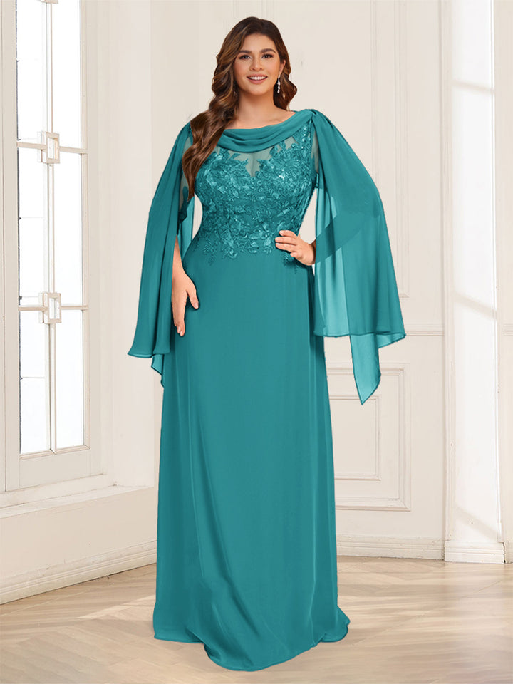 A-Line/Princess Scoop Half Sleeves Floor-Length Plus Size Mother of the Bride Dresses with Lace &amp; Ruched