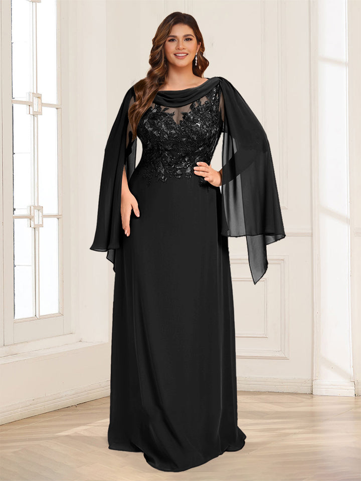 A-Line/Princess Scoop Half Sleeves Floor-Length Plus Size Mother of the Bride Dresses with Lace &amp; Ruched