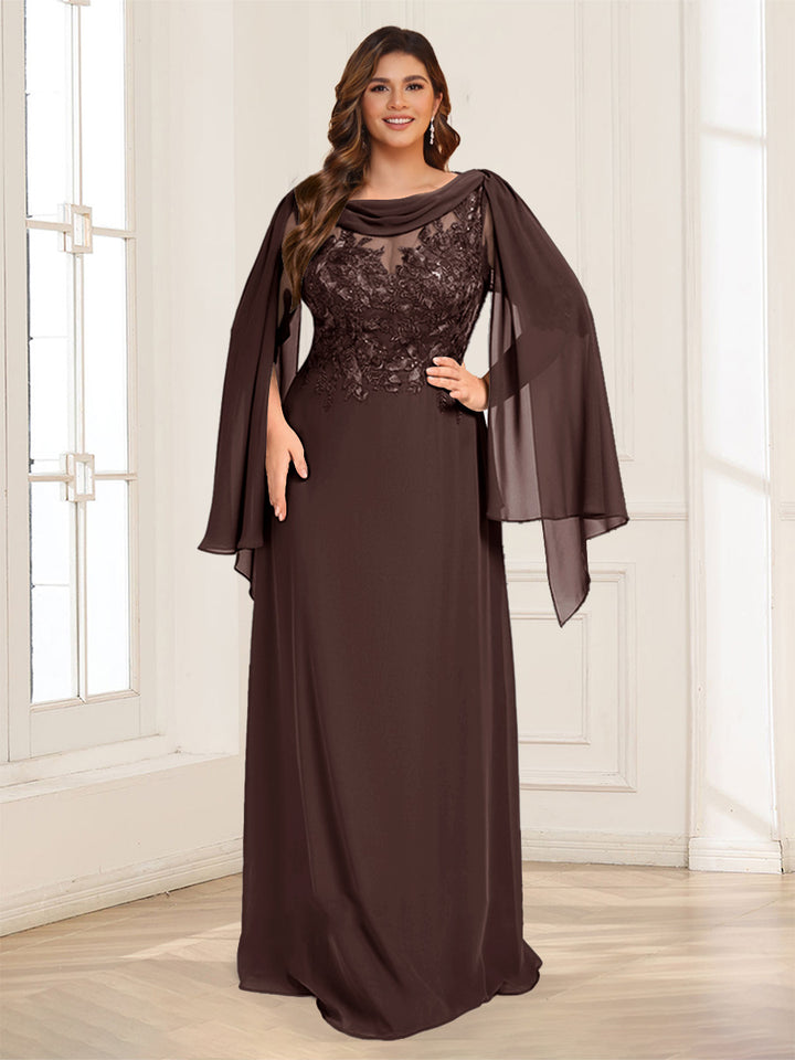 A-Line/Princess Scoop Half Sleeves Floor-Length Plus Size Mother of the Bride Dresses with Lace &amp; Ruched