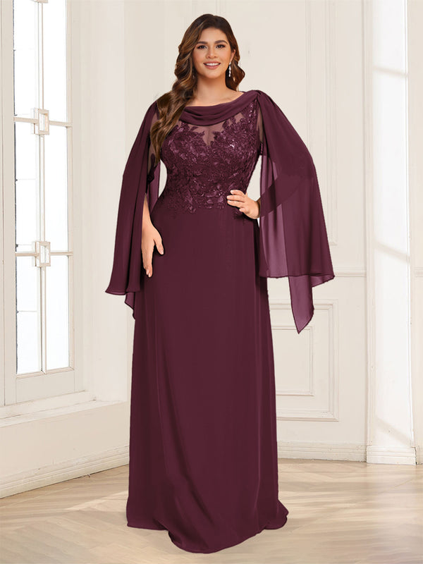 A-Line/Princess Scoop Half Sleeves Floor-Length Plus Size Mother of the Bride Dresses with Lace & Ruched