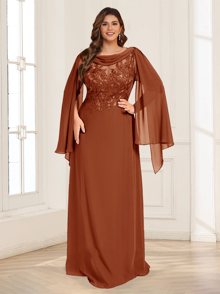 A-Line/Princess Scoop Half Sleeves Floor-Length Plus Size Mother of the Bride Dresses with Lace &amp; Ruched