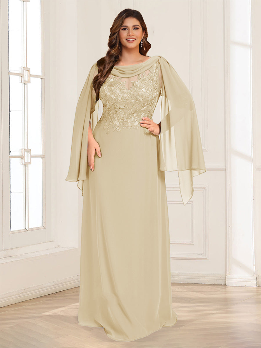 A-Line/Princess Scoop Half Sleeves Floor-Length Plus Size Mother of the Bride Dresses with Lace &amp; Ruched