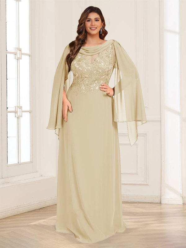 A-Line/Princess Scoop Half Sleeves Floor-Length Plus Size Mother of the Bride Dresses with Lace & Ruched