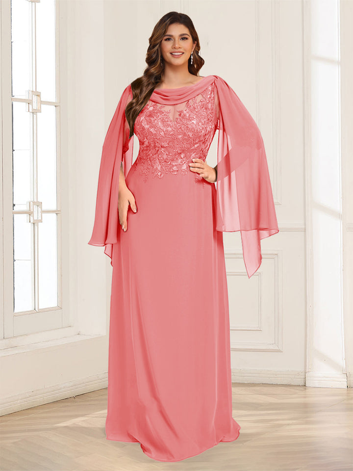 A-Line/Princess Scoop Half Sleeves Floor-Length Plus Size Mother of the Bride Dresses with Lace &amp; Ruched