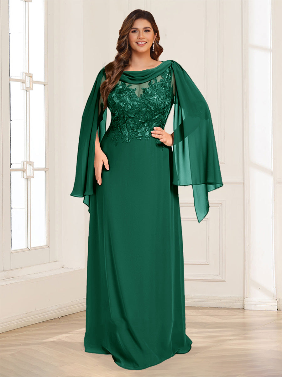 A-Line/Princess Scoop Half Sleeves Floor-Length Plus Size Mother of the Bride Dresses with Lace &amp; Ruched