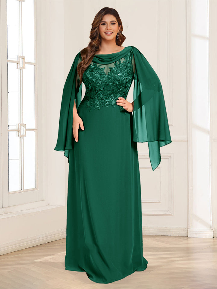 A-Line/Princess Scoop Half Sleeves Floor-Length Plus Size Mother of the Bride Dresses with Lace &amp; Ruched