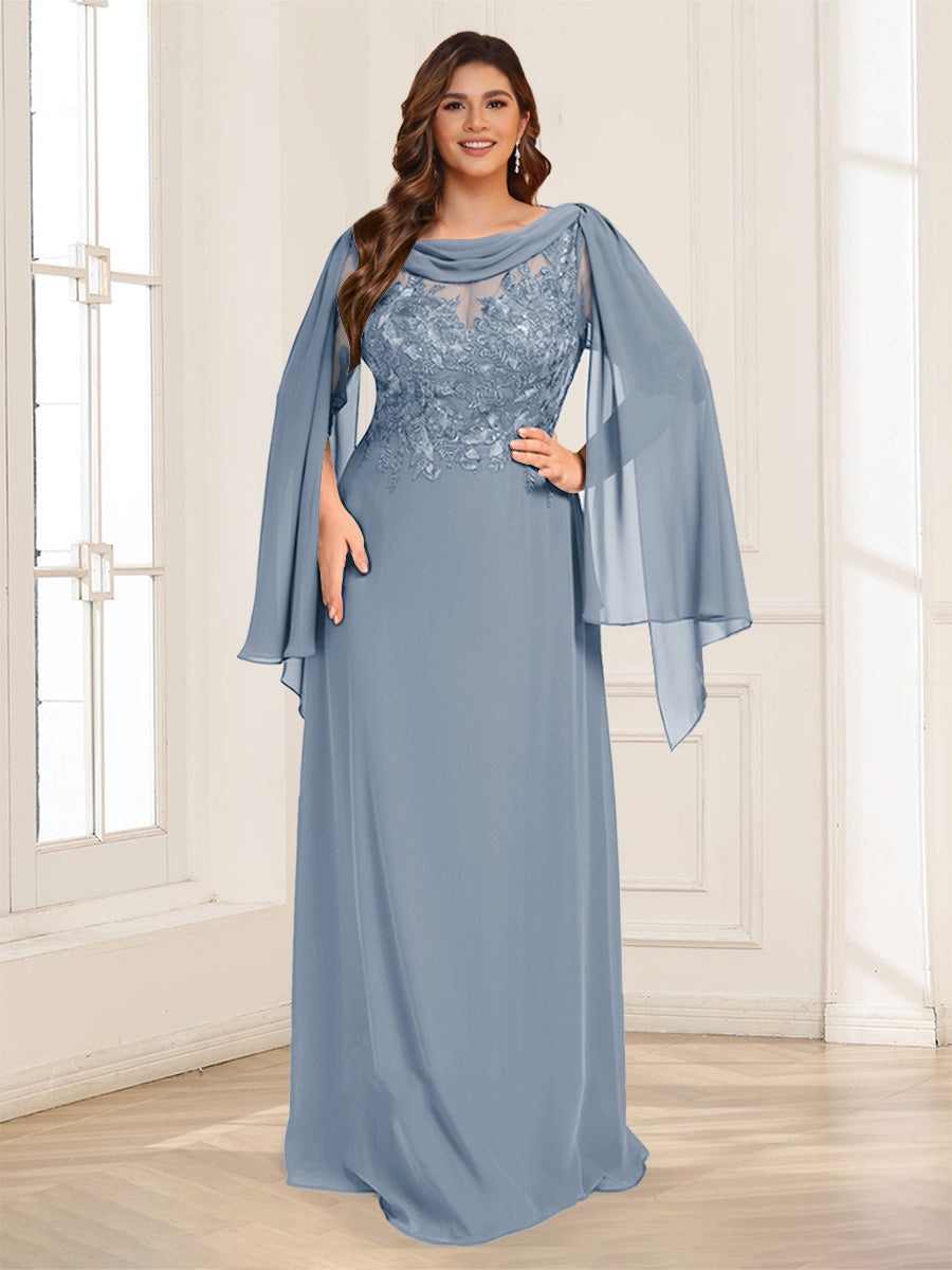 A-Line/Princess Scoop Half Sleeves Floor-Length Plus Size Mother of the Bride Dresses with Lace &amp; Ruched