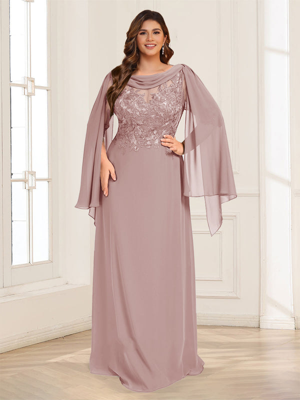 A-Line/Princess Scoop Half Sleeves Floor-Length Plus Size Mother of the Bride Dresses with Lace & Ruched