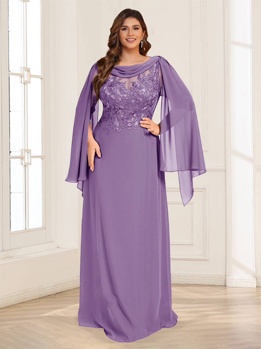 A-Line/Princess Scoop Half Sleeves Floor-Length Plus Size Mother of the Bride Dresses with Lace &amp; Ruched