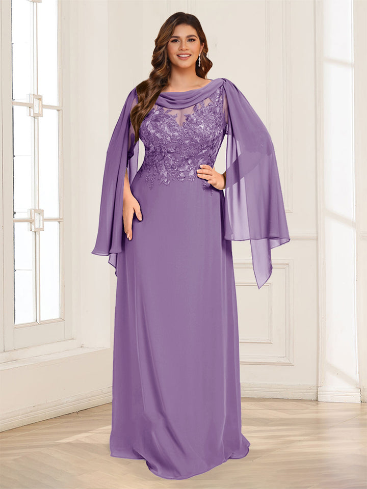 A-Line/Princess Scoop Half Sleeves Floor-Length Plus Size Mother of the Bride Dresses with Lace &amp; Ruched