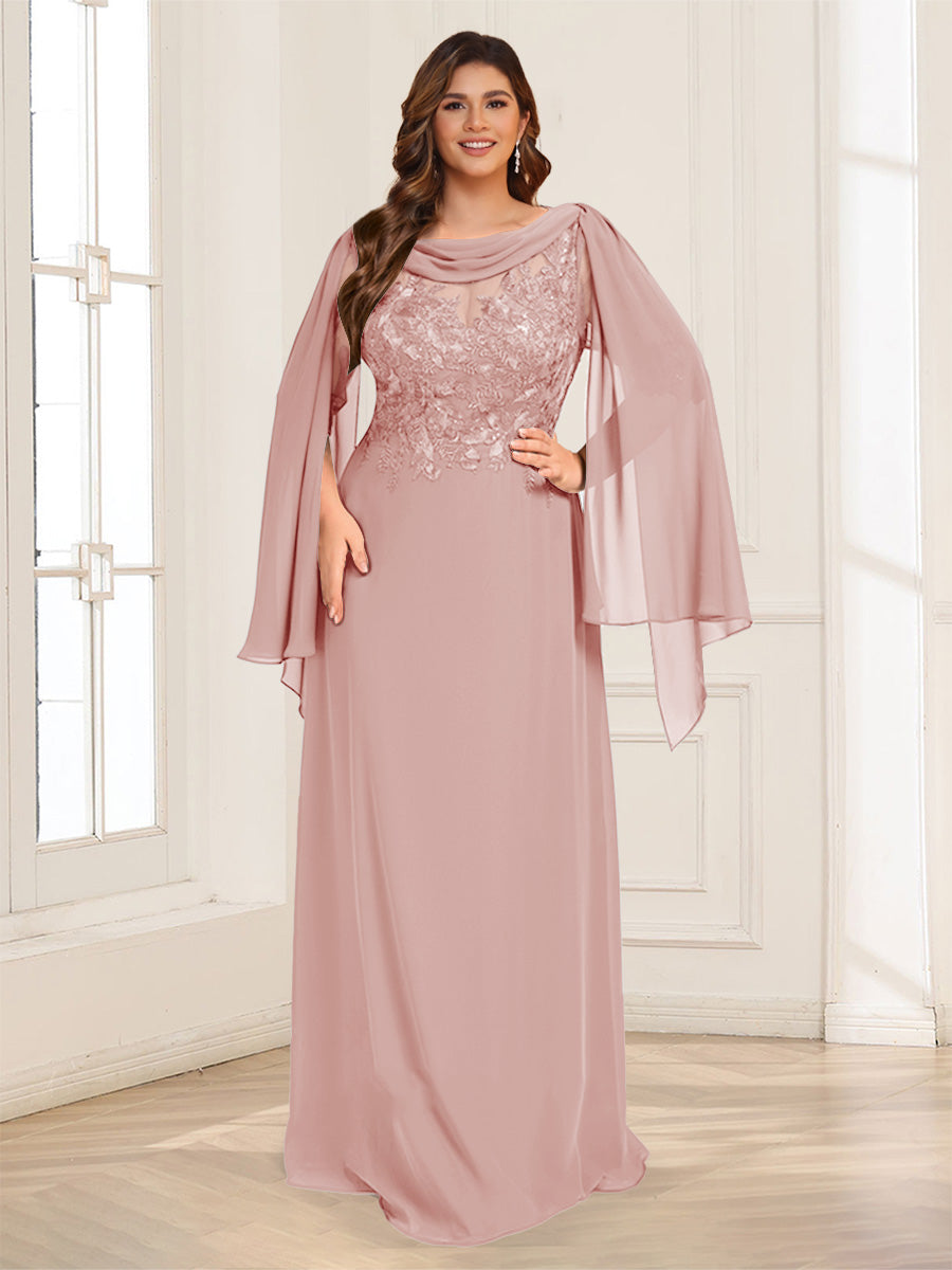 A-Line/Princess Scoop Half Sleeves Floor-Length Plus Size Mother of the Bride Dresses with Lace &amp; Ruched