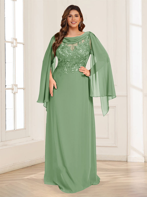 A-Line/Princess Scoop Half Sleeves Floor-Length Plus Size Mother of the Bride Dresses with Lace & Ruched