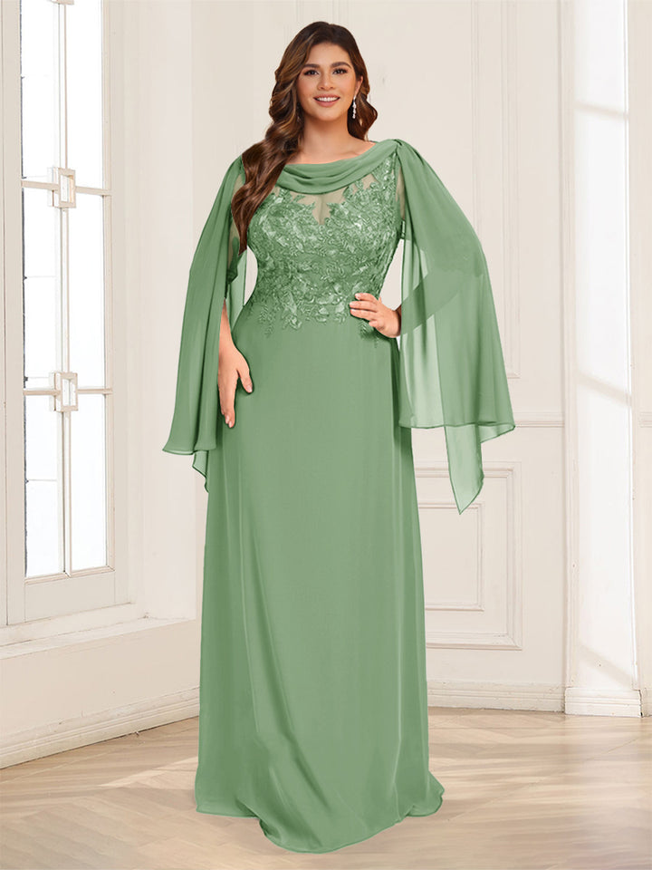 A-Line/Princess Scoop Half Sleeves Floor-Length Plus Size Mother of the Bride Dresses with Lace &amp; Ruched