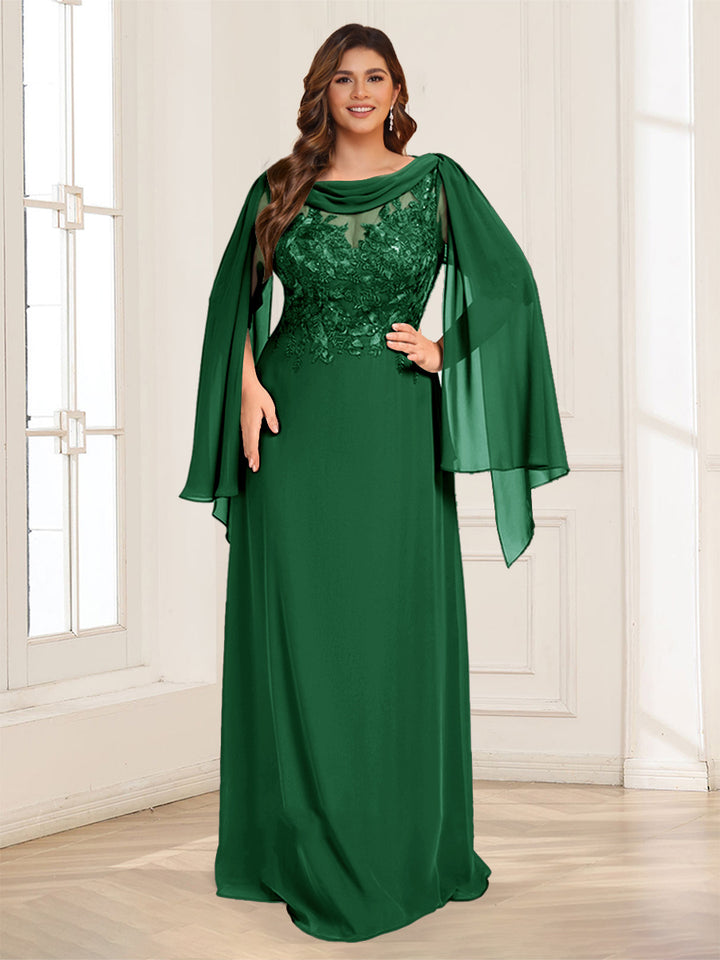 A-Line/Princess Scoop Half Sleeves Floor-Length Plus Size Mother of the Bride Dresses with Lace &amp; Ruched