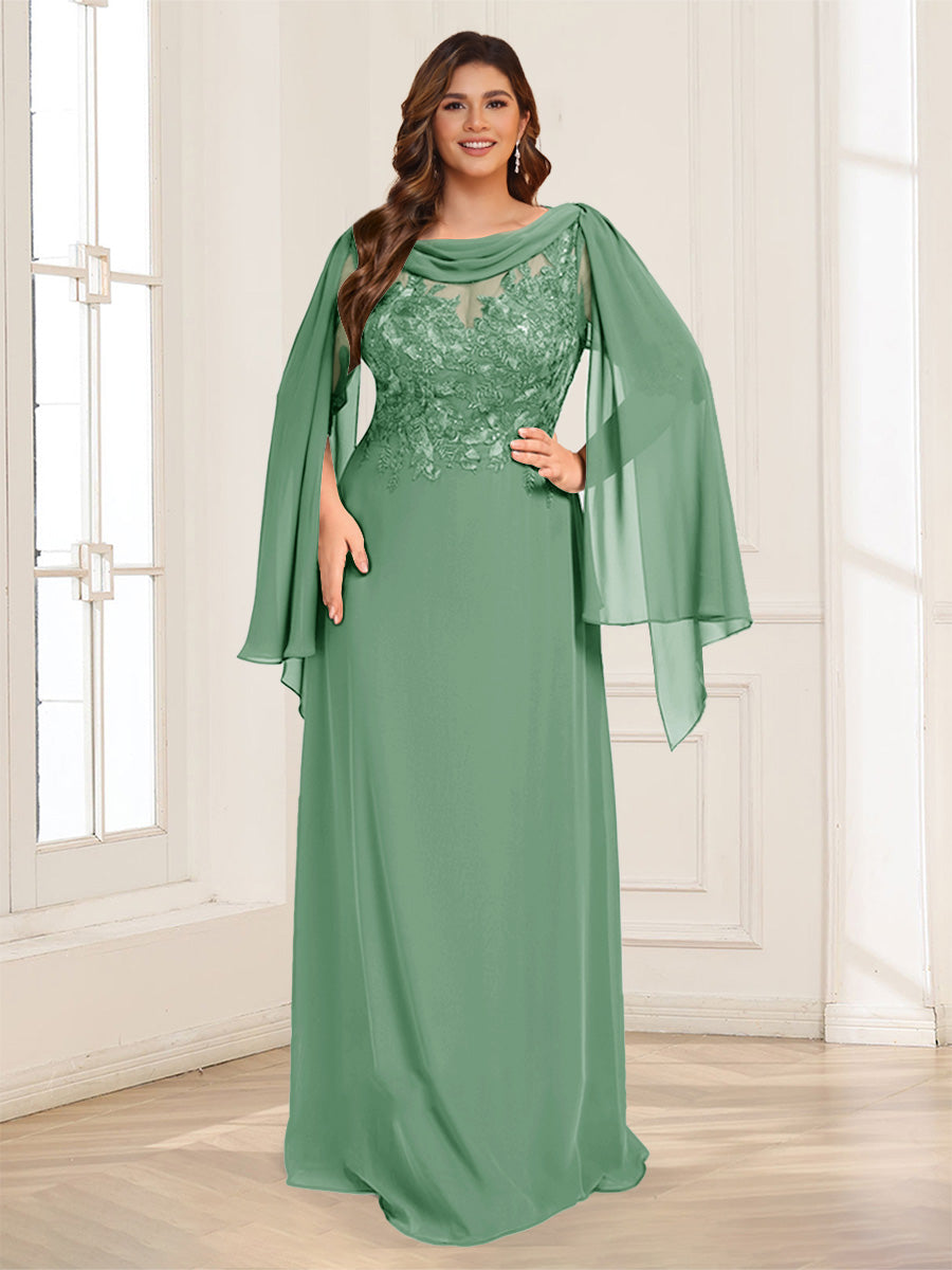 A-Line/Princess Scoop Half Sleeves Floor-Length Plus Size Mother of the Bride Dresses with Lace &amp; Ruched