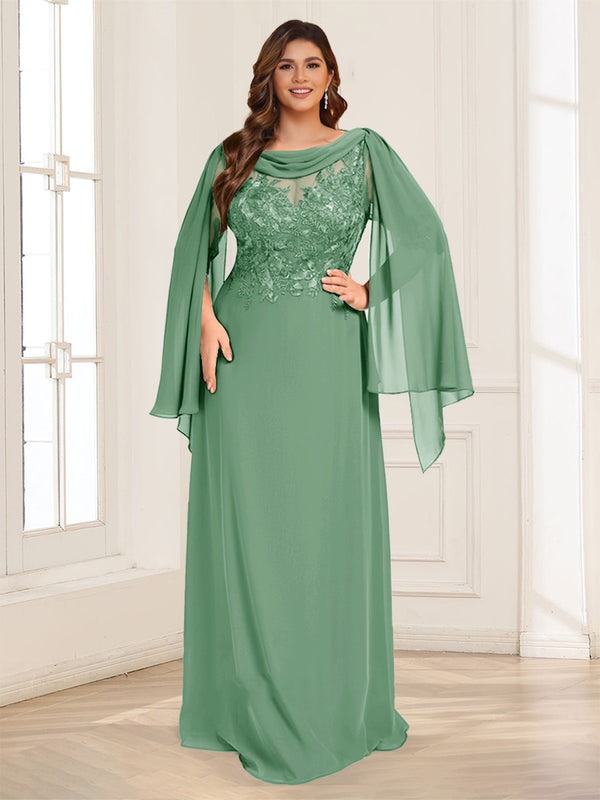 A-Line/Princess Scoop Half Sleeves Floor-Length Plus Size Mother of the Bride Dresses with Lace & Ruched