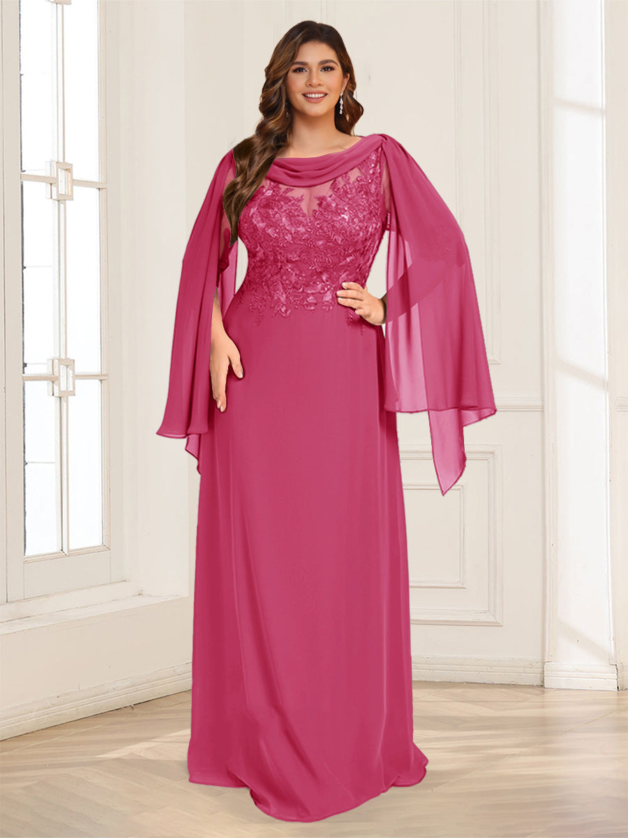 A-Line/Princess Scoop Half Sleeves Floor-Length Plus Size Mother of the Bride Dresses with Lace &amp; Ruched