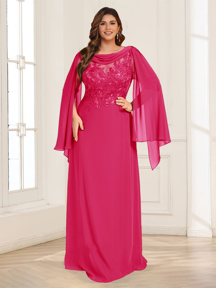 A-Line/Princess Scoop Half Sleeves Floor-Length Plus Size Mother of the Bride Dresses with Lace &amp; Ruched