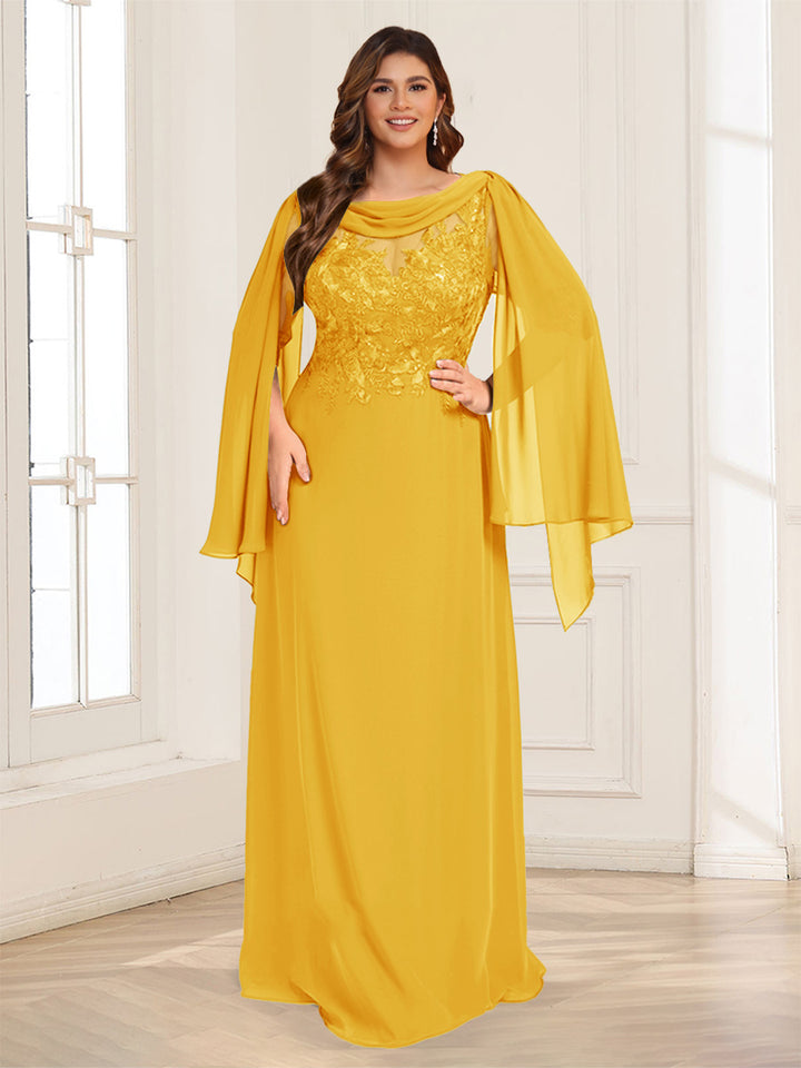 A-Line/Princess Scoop Half Sleeves Floor-Length Plus Size Mother of the Bride Dresses with Lace &amp; Ruched