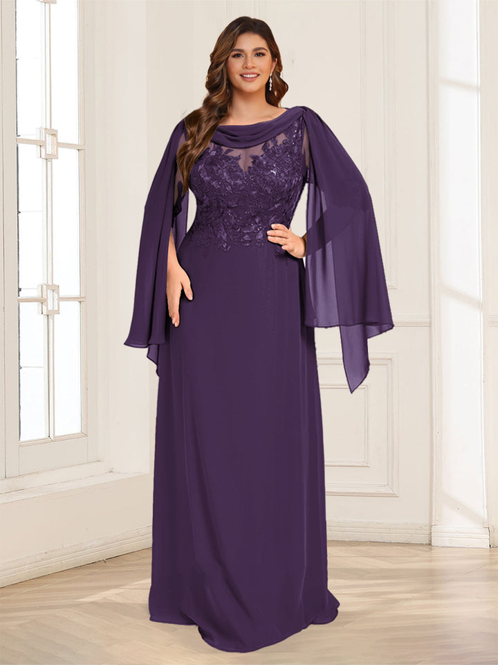 A-Line/Princess Scoop Half Sleeves Floor-Length Plus Size Mother of the Bride Dresses with Lace &amp; Ruched