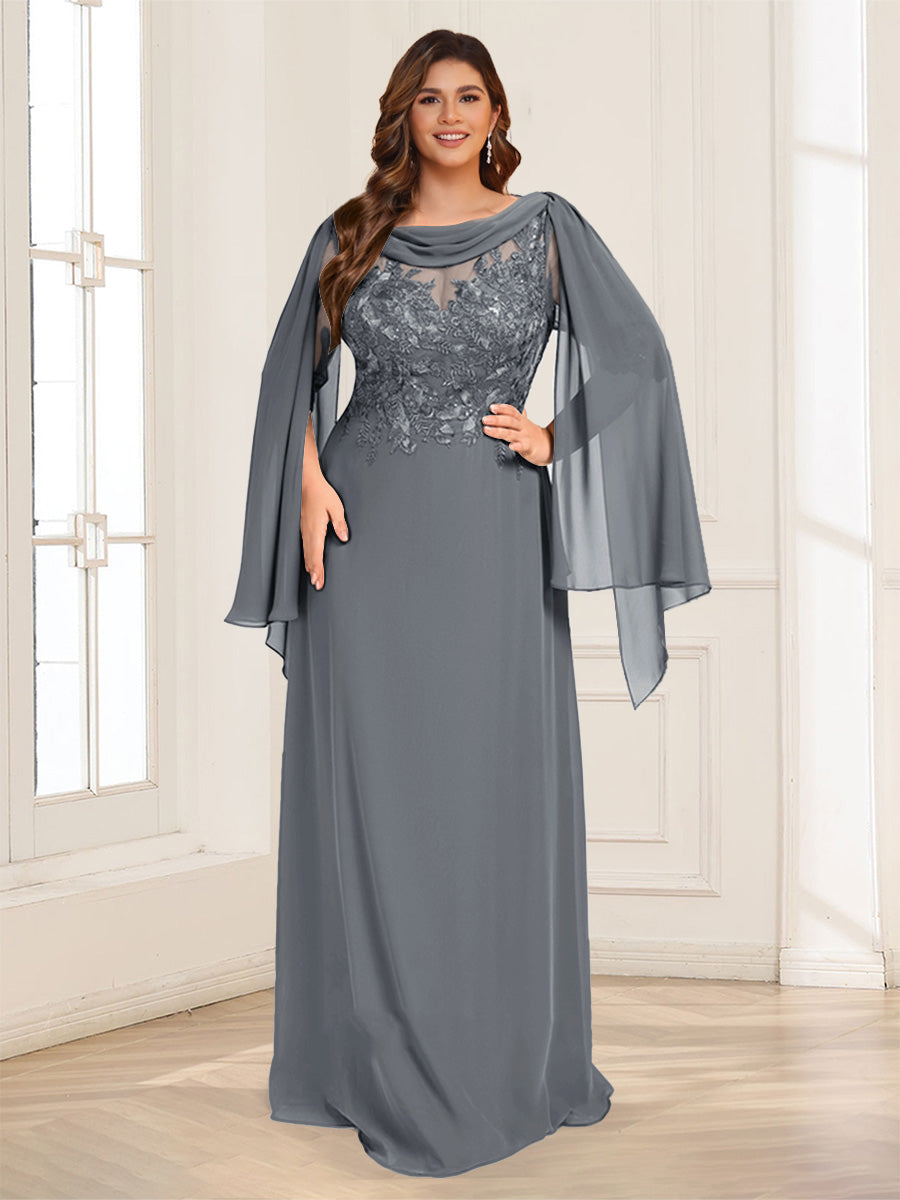 A-Line/Princess Scoop Half Sleeves Floor-Length Plus Size Mother of the Bride Dresses with Lace &amp; Ruched