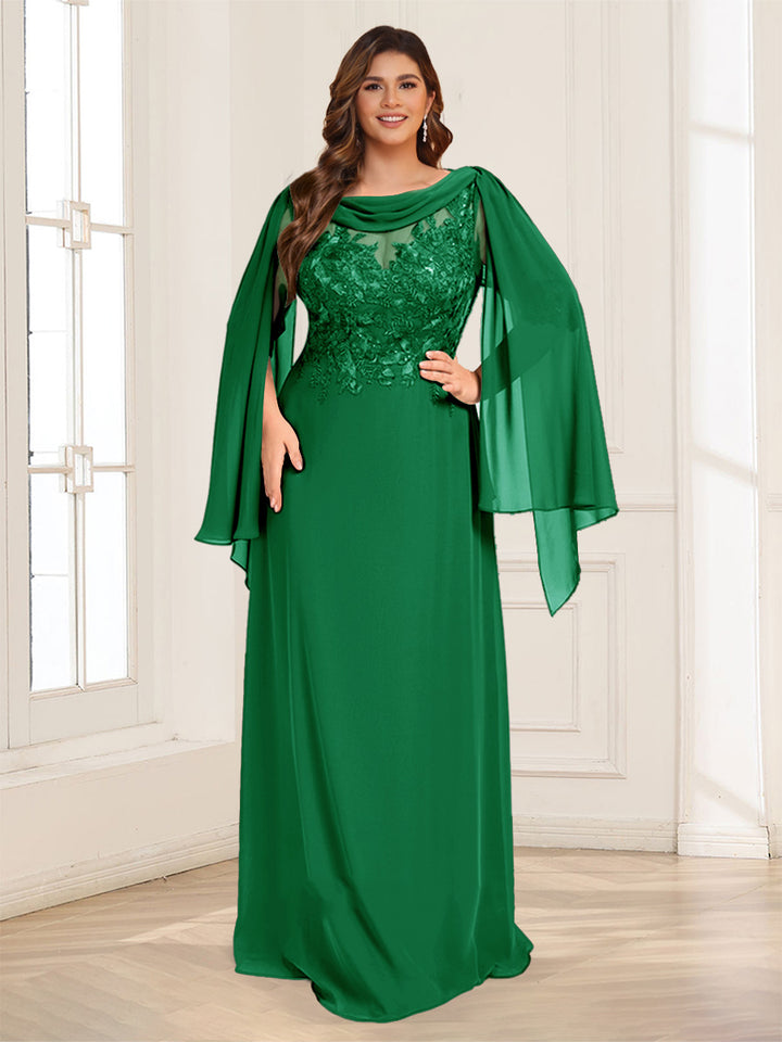 A-Line/Princess Scoop Half Sleeves Floor-Length Plus Size Mother of the Bride Dresses with Lace &amp; Ruched