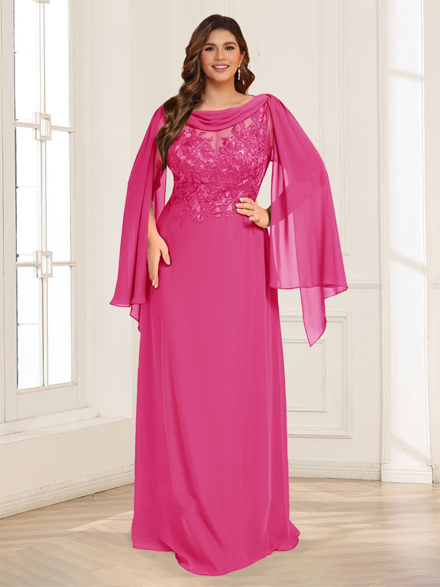 A-Line/Princess Scoop Half Sleeves Floor-Length Plus Size Mother of the Bride Dresses with Lace &amp; Ruched