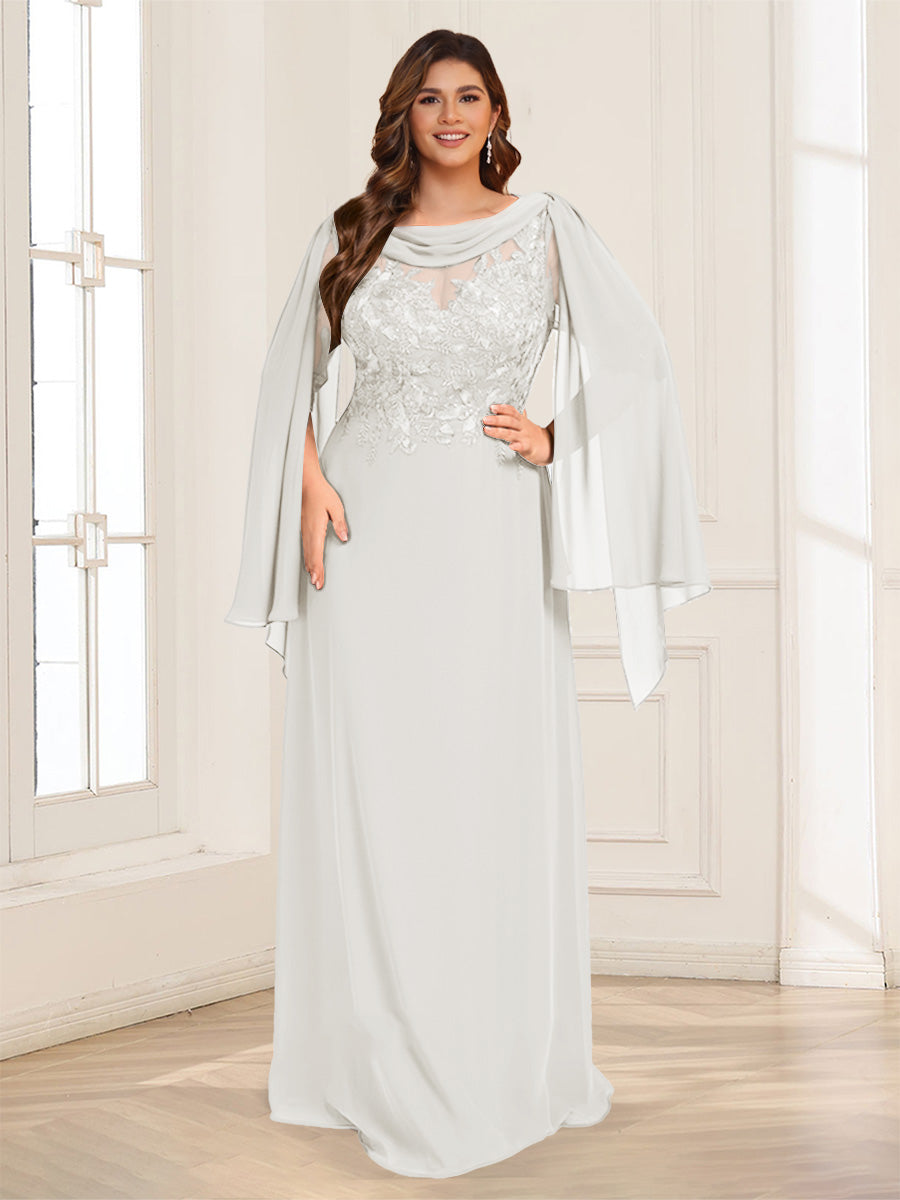 A-Line/Princess Scoop Half Sleeves Floor-Length Plus Size Mother of the Bride Dresses with Lace &amp; Ruched