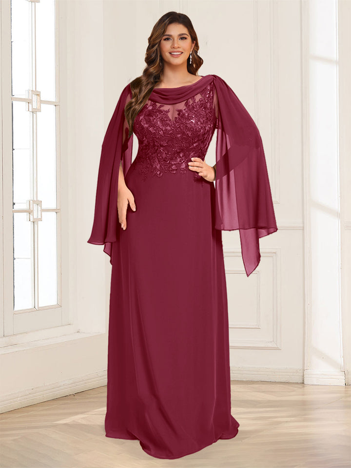 A-Line/Princess Scoop Half Sleeves Floor-Length Plus Size Mother of the Bride Dresses with Lace &amp; Ruched