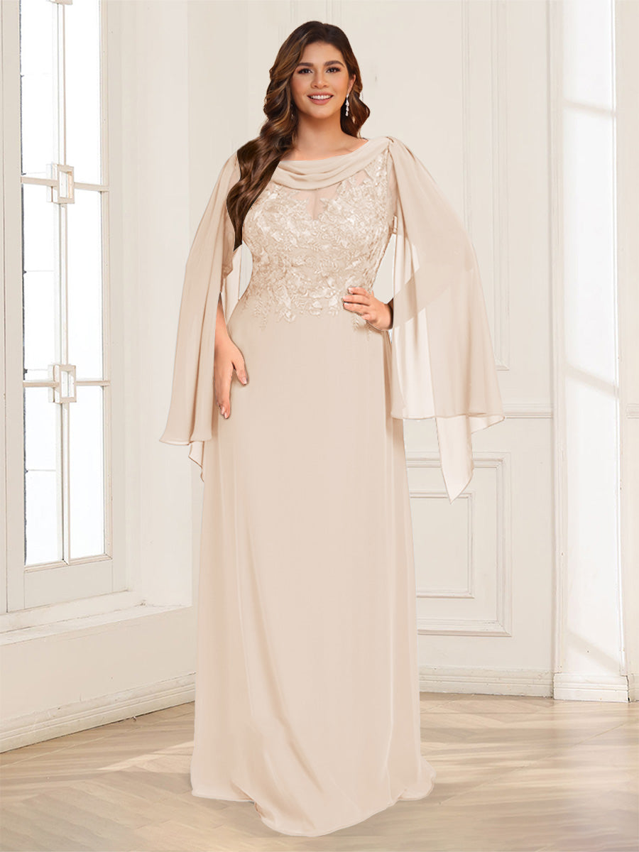 A-Line/Princess Scoop Half Sleeves Floor-Length Plus Size Mother of the Bride Dresses with Lace &amp; Ruched