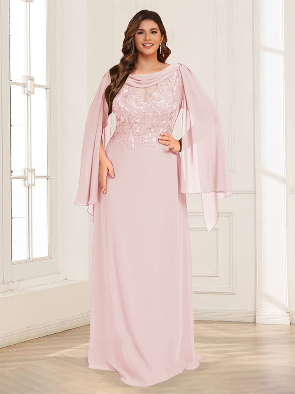A-Line/Princess Scoop Half Sleeves Floor-Length Plus Size Mother of the Bride Dresses with Lace & Ruched