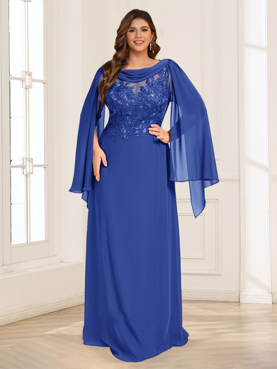 A-Line/Princess Scoop Half Sleeves Floor-Length Plus Size Mother of the Bride Dresses with Lace &amp; Ruched