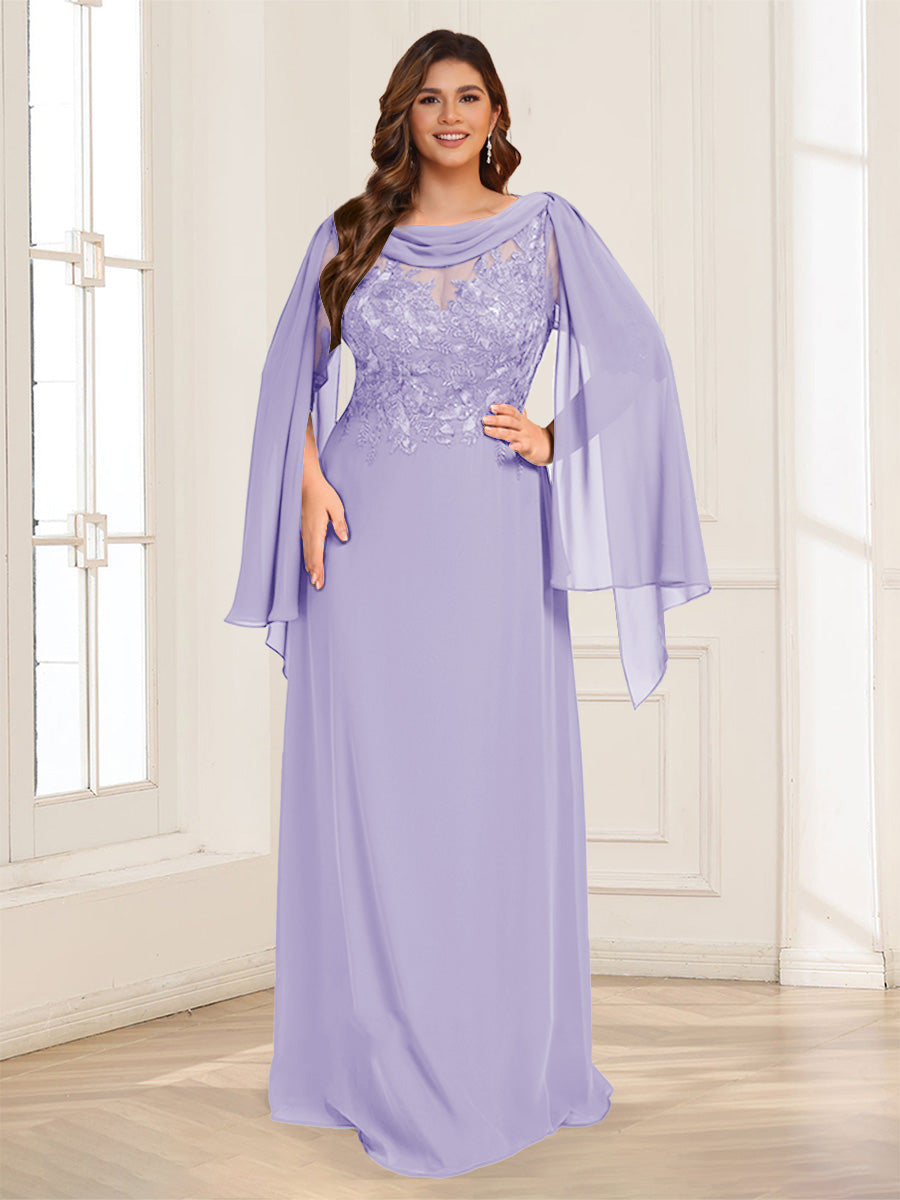 A-Line/Princess Scoop Half Sleeves Floor-Length Plus Size Mother of the Bride Dresses with Lace &amp; Ruched