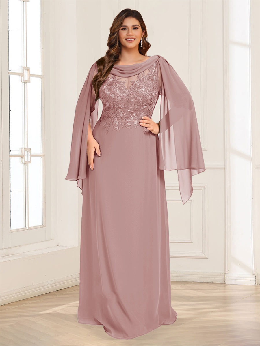 A-Line/Princess Scoop Half Sleeves Floor-Length Plus Size Mother of the Bride Dresses with Lace &amp; Ruched