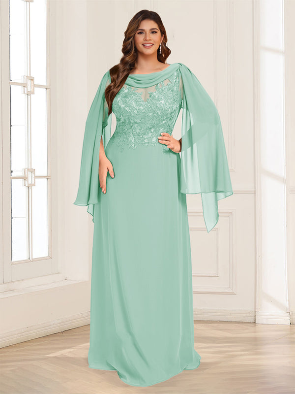A-Line/Princess Scoop Half Sleeves Floor-Length Plus Size Mother of the Bride Dresses with Lace & Ruched