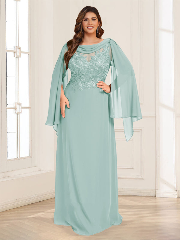 A-Line/Princess Scoop Half Sleeves Floor-Length Plus Size Mother of the Bride Dresses with Lace & Ruched