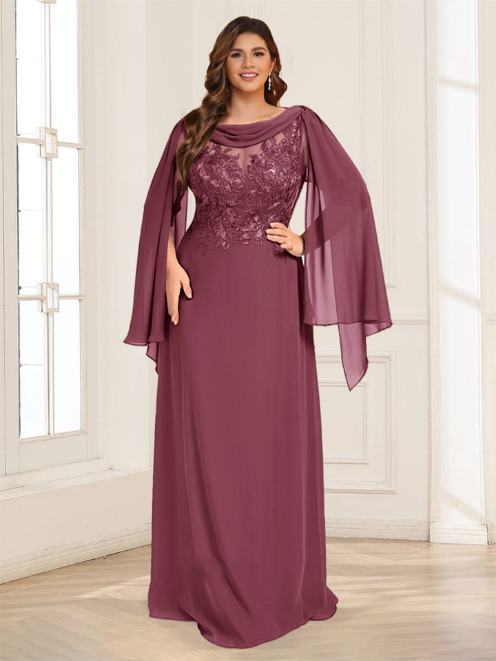 A-Line/Princess Scoop Half Sleeves Floor-Length Plus Size Mother of the Bride Dresses with Lace &amp; Ruched