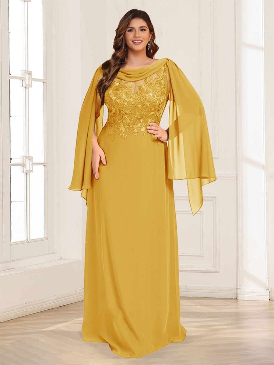 A-Line/Princess Scoop Half Sleeves Floor-Length Plus Size Mother of the Bride Dresses with Lace &amp; Ruched
