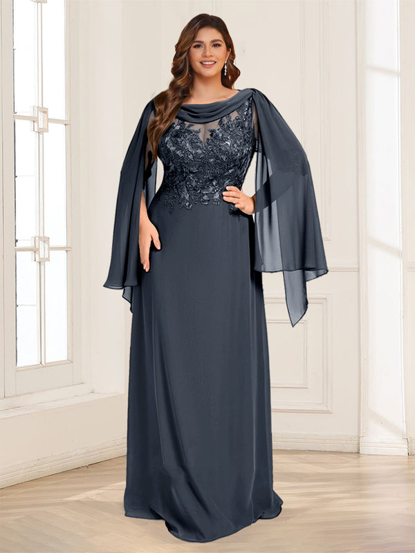 A-Line/Princess Scoop Half Sleeves Floor-Length Plus Size Mother of the Bride Dresses with Lace & Ruched